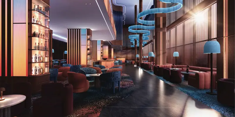 Sky Bar menghadap Selat Malaka saat matahari terbenam